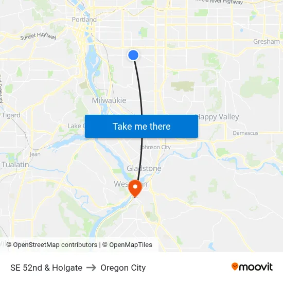 SE 52nd & Holgate to Oregon City map