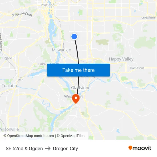 SE 52nd & Ogden to Oregon City map