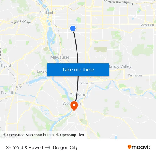SE 52nd & Powell to Oregon City map