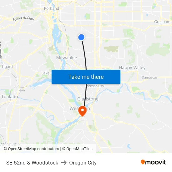 SE 52nd & Woodstock to Oregon City map