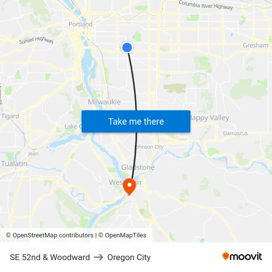 SE 52nd & Woodward to Oregon City map