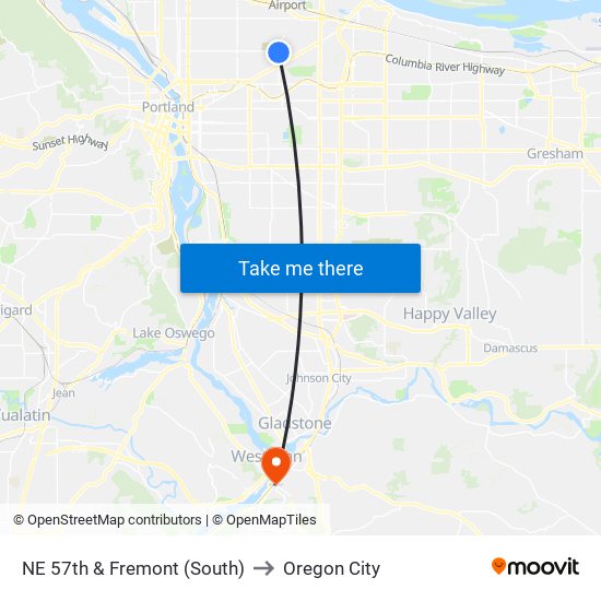 NE 57th & Fremont (South) to Oregon City map