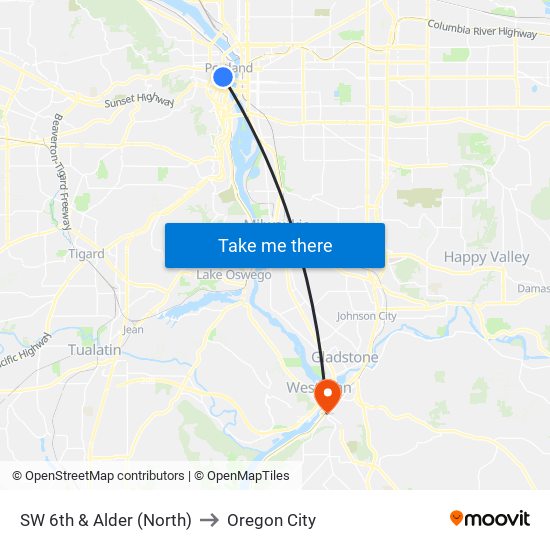 SW 6th & Alder (North) to Oregon City map