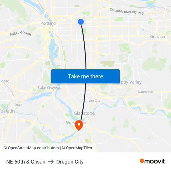 NE 60th & Glisan to Oregon City map