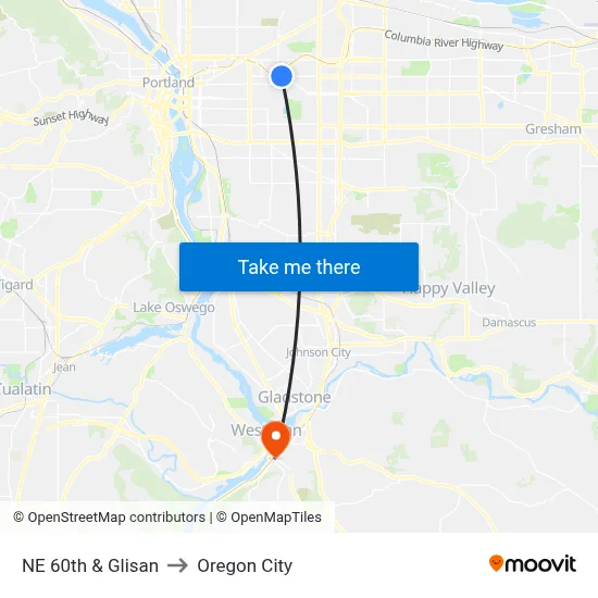 NE 60th & Glisan to Oregon City map