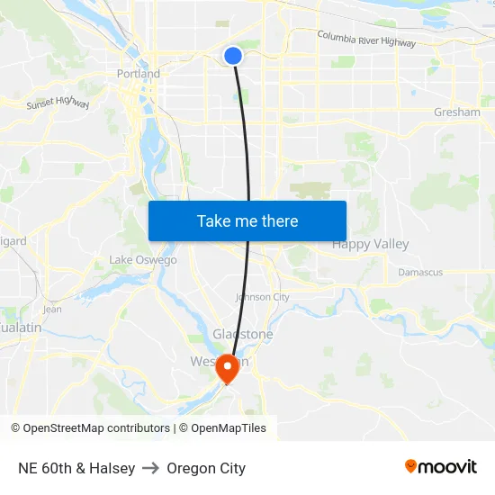 NE 60th & Halsey to Oregon City map