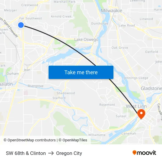SW 68th & Clinton to Oregon City map