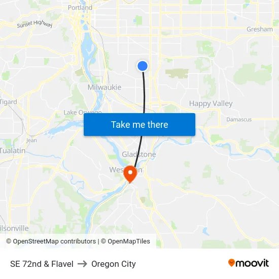 SE 72nd & Flavel to Oregon City map