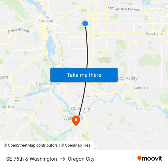 SE 76th & Washington to Oregon City map