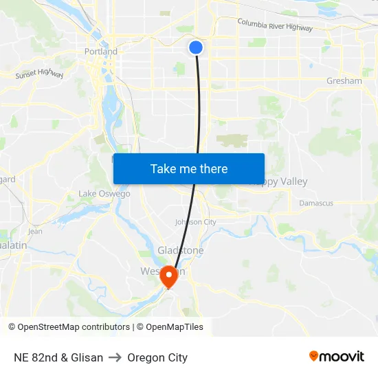 NE 82nd & Glisan to Oregon City map