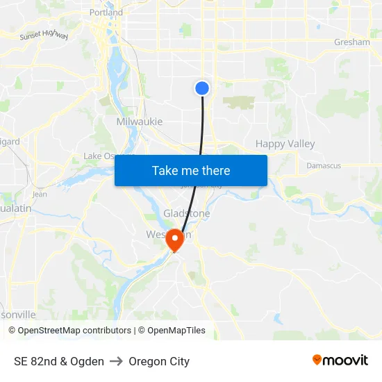 SE 82nd & Ogden to Oregon City map