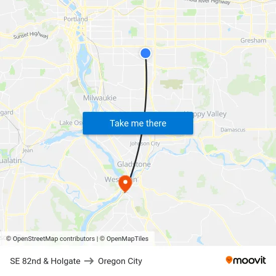 SE 82nd & Holgate to Oregon City map