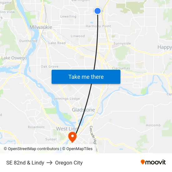 SE 82nd & Lindy to Oregon City map