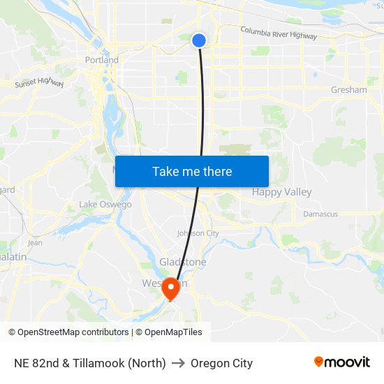 NE 82nd & Tillamook (North) to Oregon City map