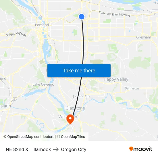 NE 82nd & Tillamook to Oregon City map