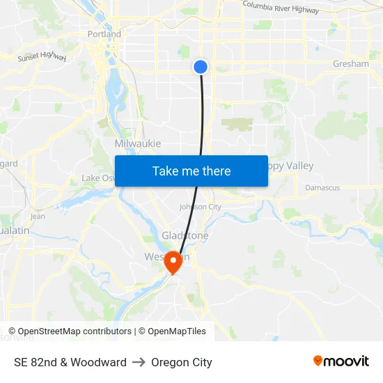 SE 82nd & Woodward to Oregon City map