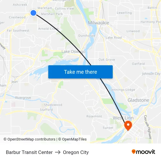 Barbur Transit Center to Oregon City map