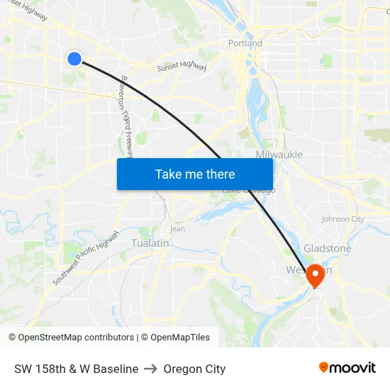 SW 158th & W Baseline to Oregon City map