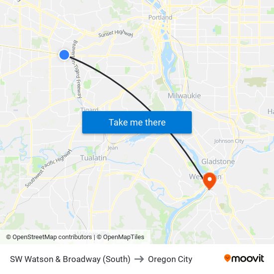 SW Watson & Broadway (South) to Oregon City map