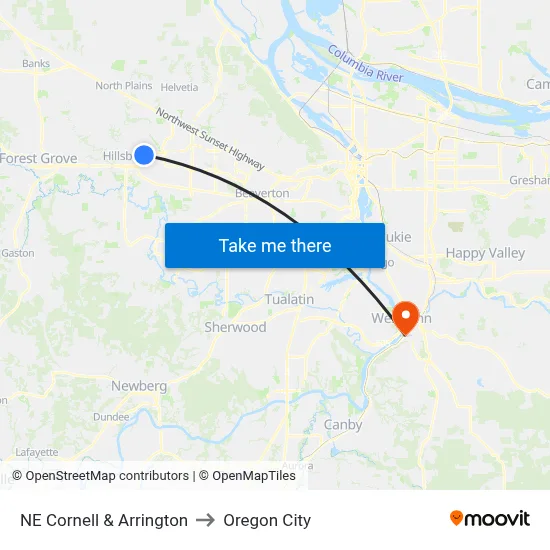 NE Cornell & Arrington to Oregon City map