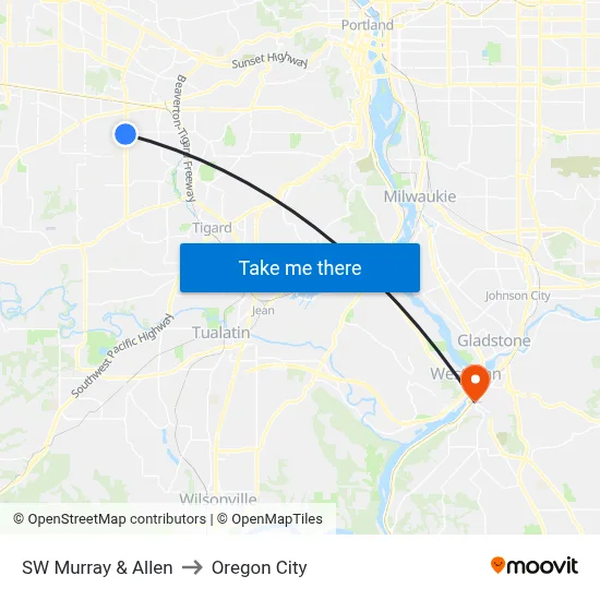 SW Murray & Allen to Oregon City map