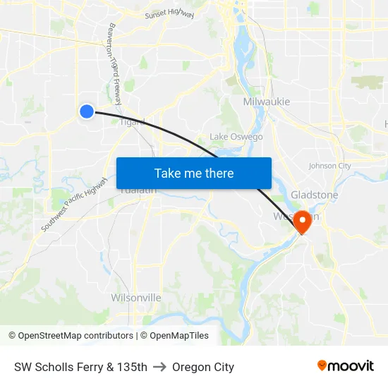 SW Scholls Ferry & 135th to Oregon City map