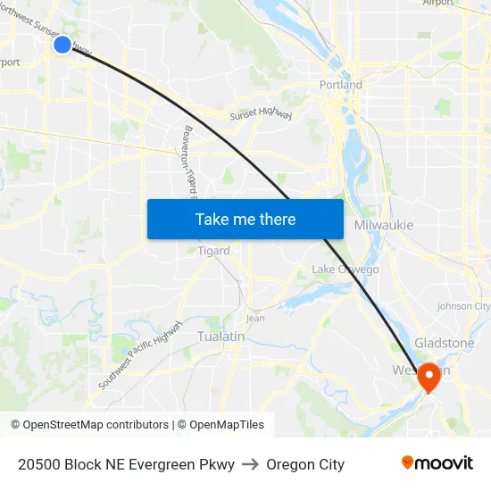 20500 Block NE Evergreen Pkwy to Oregon City map