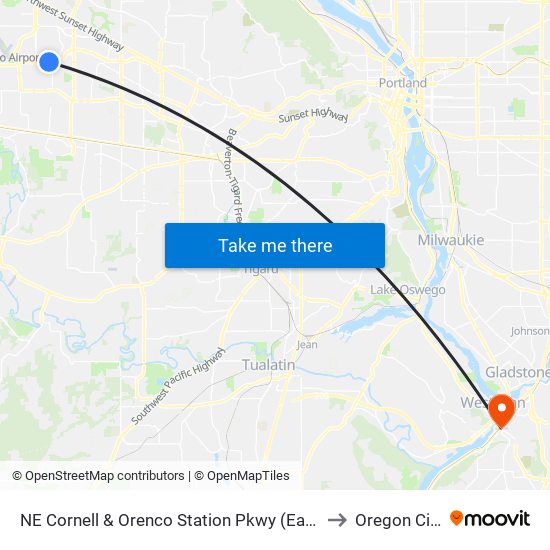 NE Cornell & Orenco Station Pkwy (East) to Oregon City map