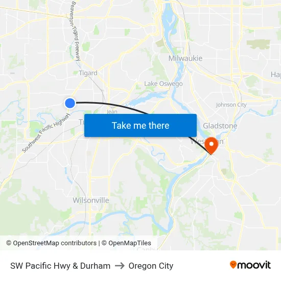 SW Pacific Hwy & Durham to Oregon City map
