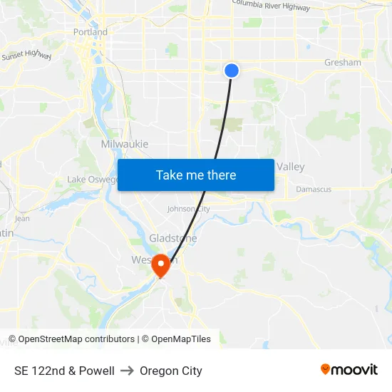 SE 122nd & Powell to Oregon City map