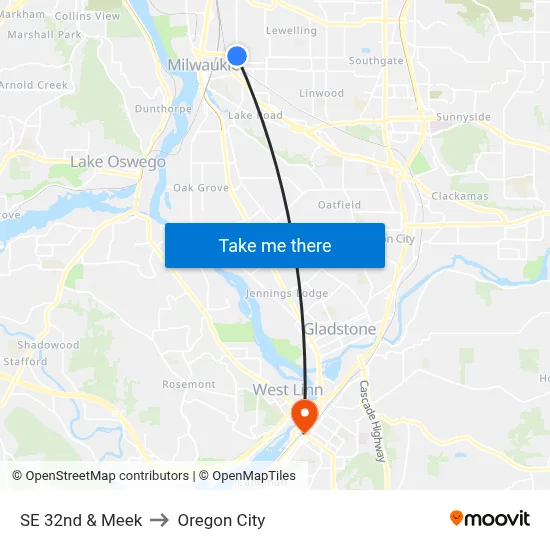 SE 32nd & Meek to Oregon City map