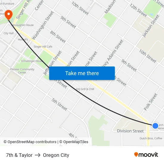 7th & Taylor to Oregon City map