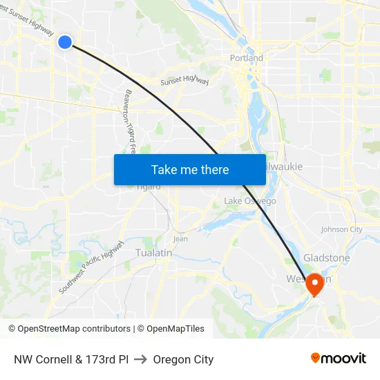 NW Cornell & 173rd Pl to Oregon City map