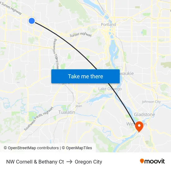 NW Cornell & Bethany Ct to Oregon City map