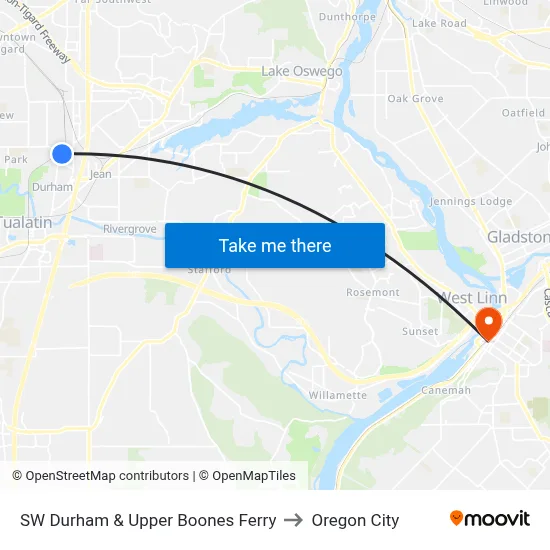 SW Durham & Upper Boones Ferry to Oregon City map