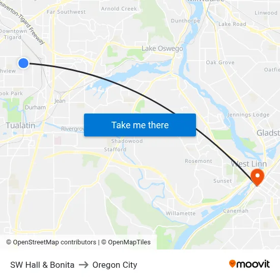 SW Hall & Bonita to Oregon City map