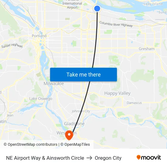 NE Airport Way & Ainsworth Circle to Oregon City map