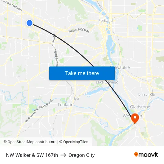 NW Walker & SW 167th to Oregon City map