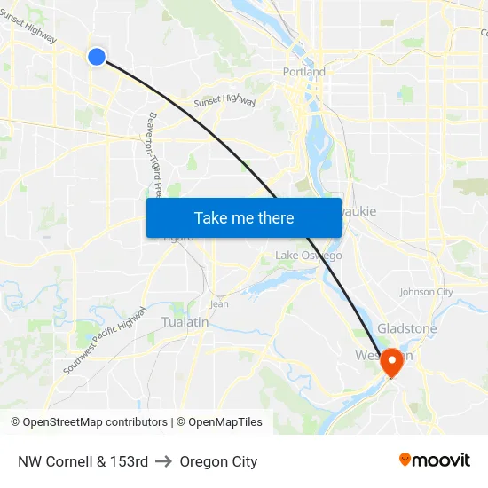 NW Cornell & 153rd to Oregon City map