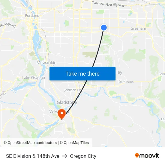SE Division & 148th Ave to Oregon City map