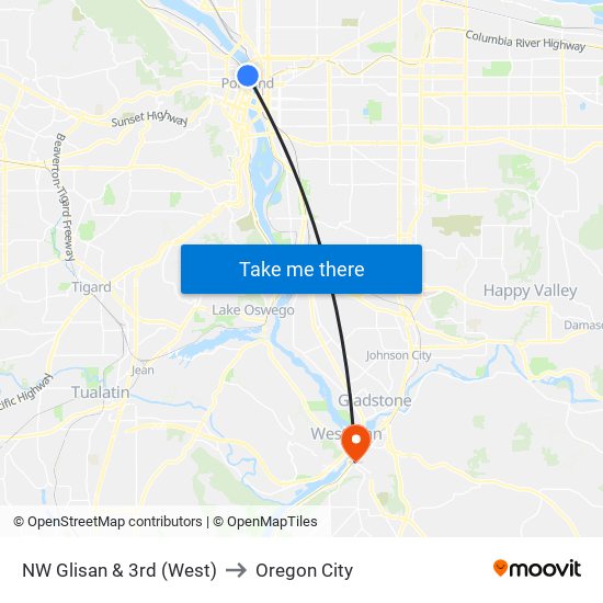 NW Glisan & 3rd (West) to Oregon City map