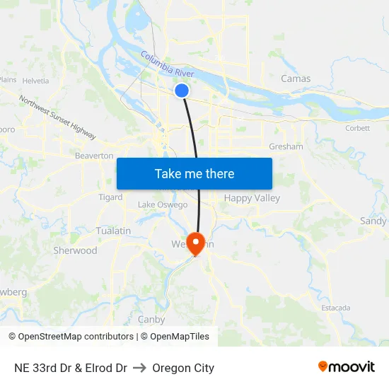 NE 33rd Dr & Elrod Dr to Oregon City map