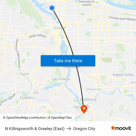 N Killingsworth & Greeley (East) to Oregon City map