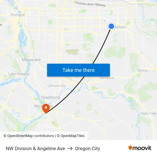NW Division & Angeline Ave to Oregon City map