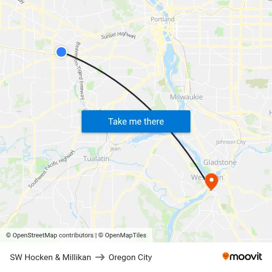SW Hocken & Millikan to Oregon City map