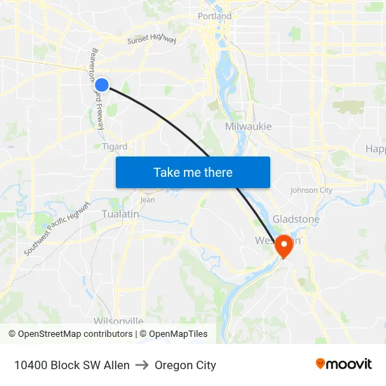 10400 Block SW Allen to Oregon City map
