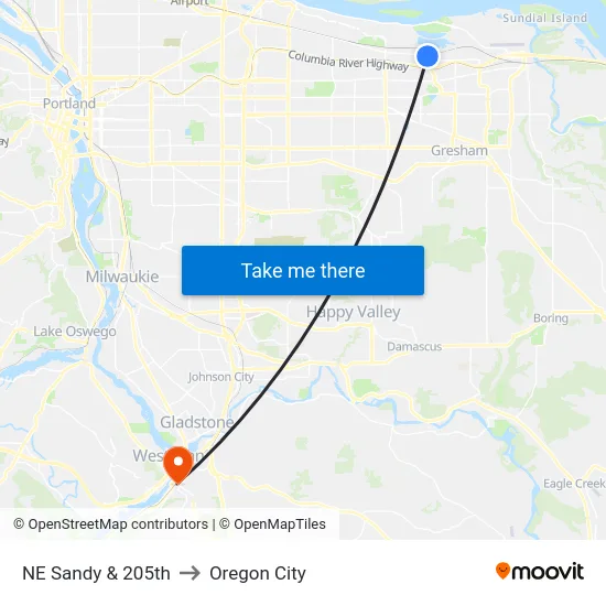 NE Sandy & 205th to Oregon City map