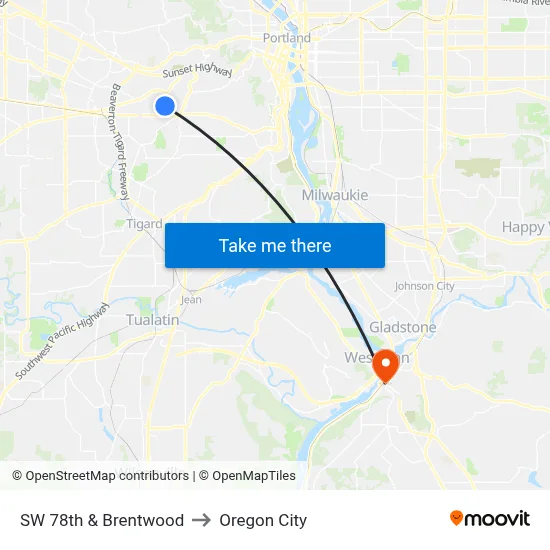 SW 78th & Brentwood to Oregon City map