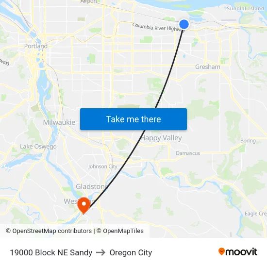 19000 Block NE Sandy to Oregon City map