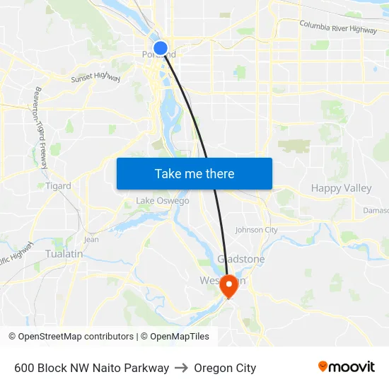 600 Block NW Naito Parkway to Oregon City map
